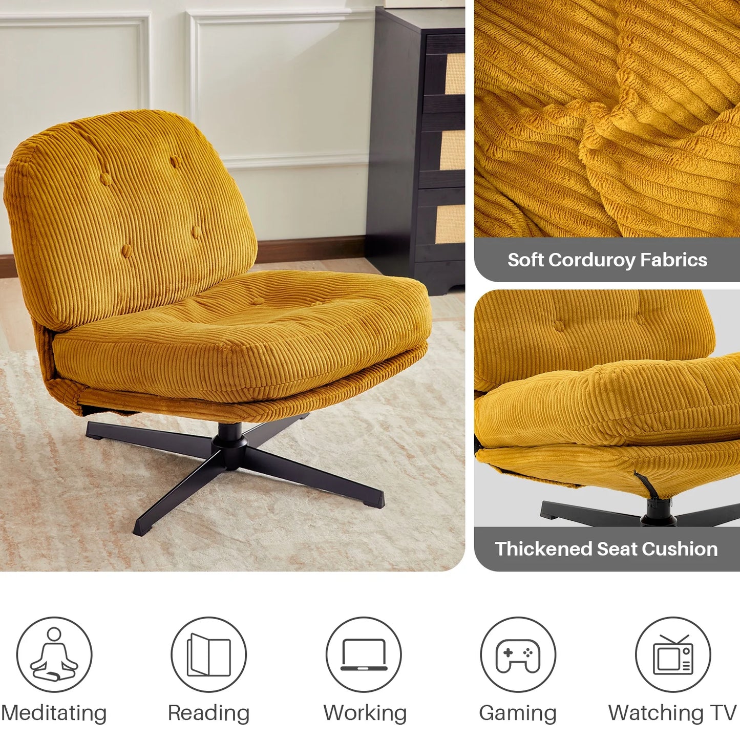 Corduroy Upholstered Swivel Lounge Chair With Footrest