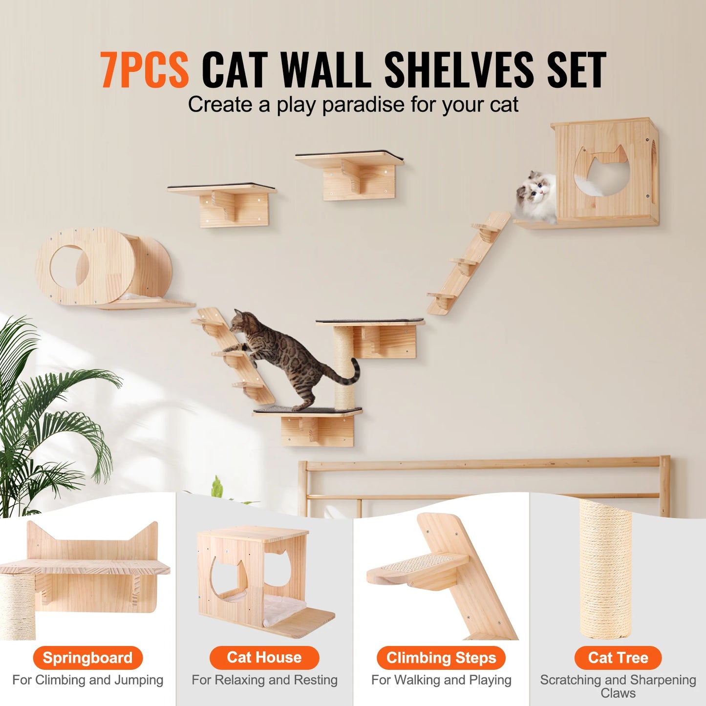 SucceBuy Wall Mounted Cat Shelves and Perches with Jumping Boards and Hammocks Cat Tree