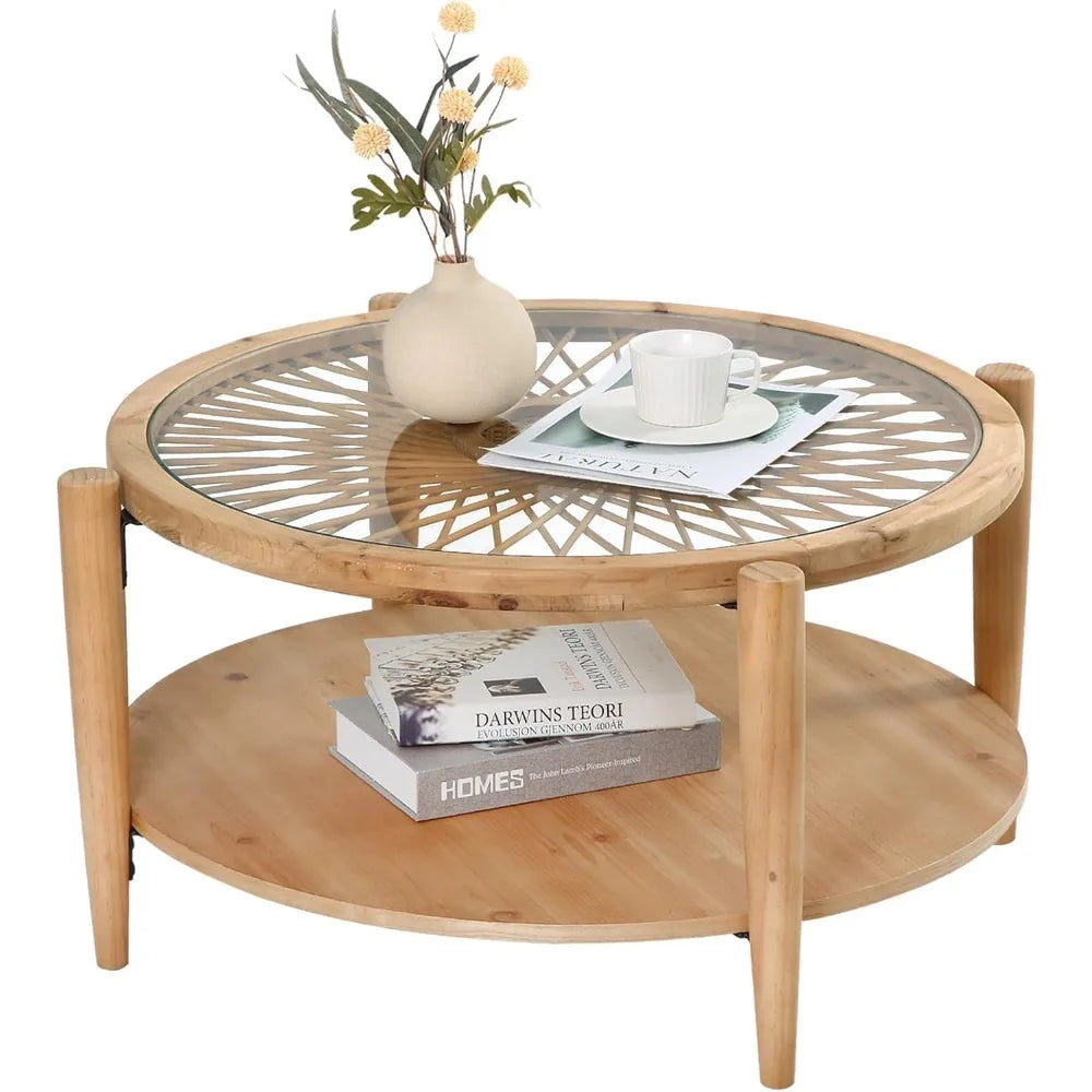 Boho Rattan Coffee Table Mid Century Tempered Glass Top