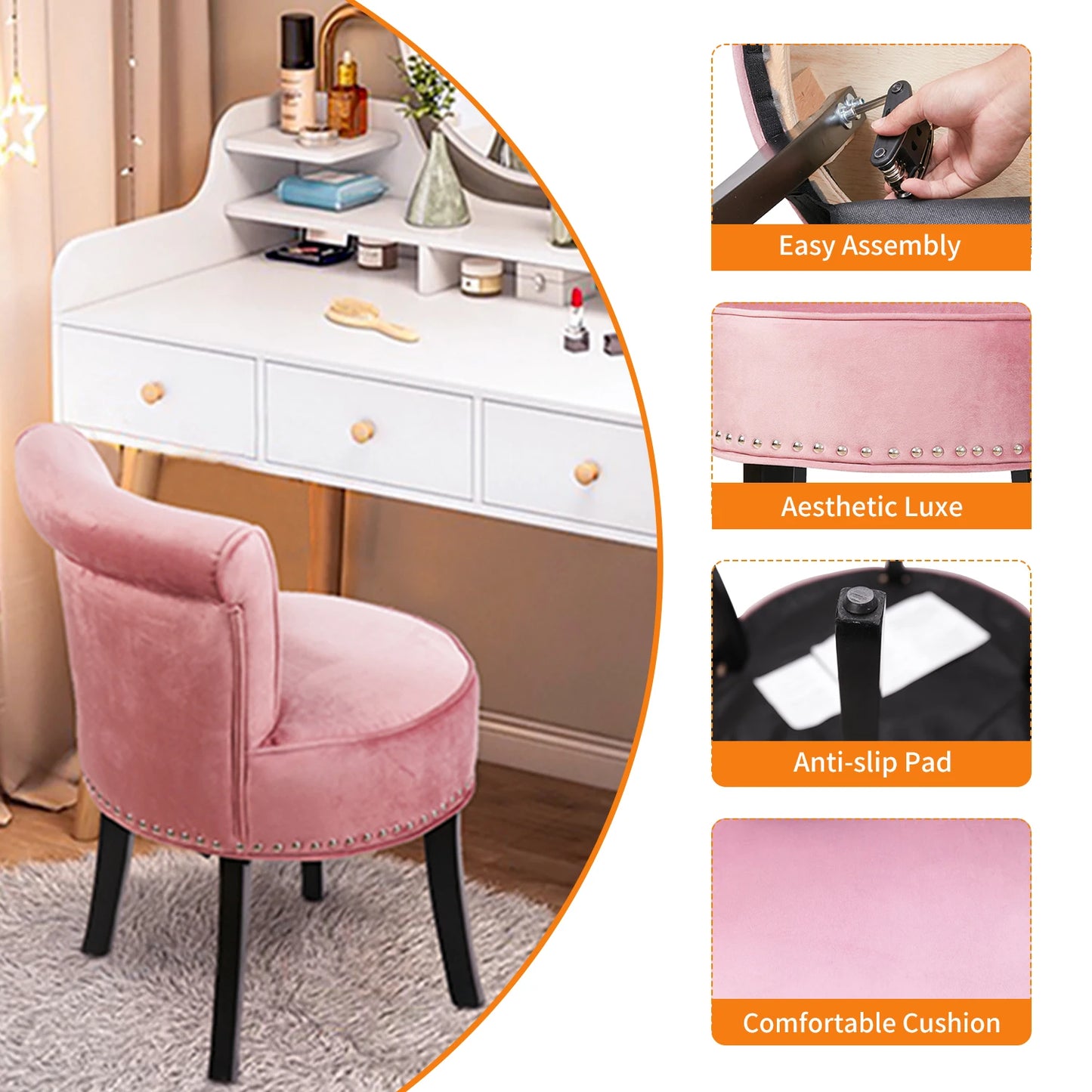 Luxurious Velvet Vanity Stool Padded Wood Legs Tufted