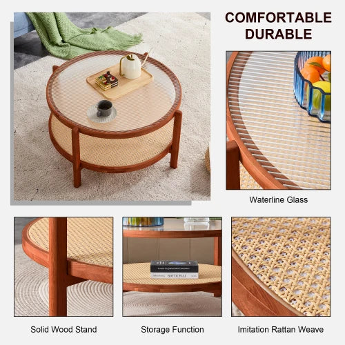 Minimalist Circular Coffee Table With Glass Top And PE Rattan
