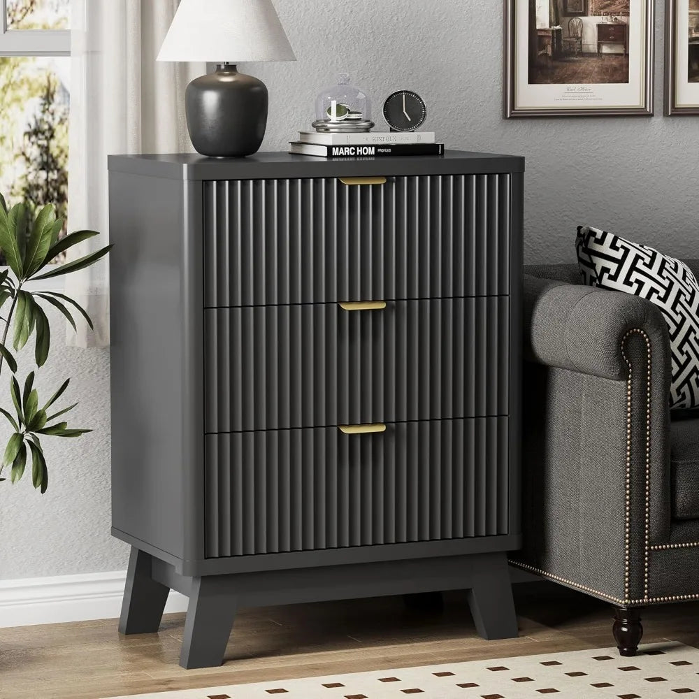 Fluted Nightstand With 3 Drawers Wood Bedside Table