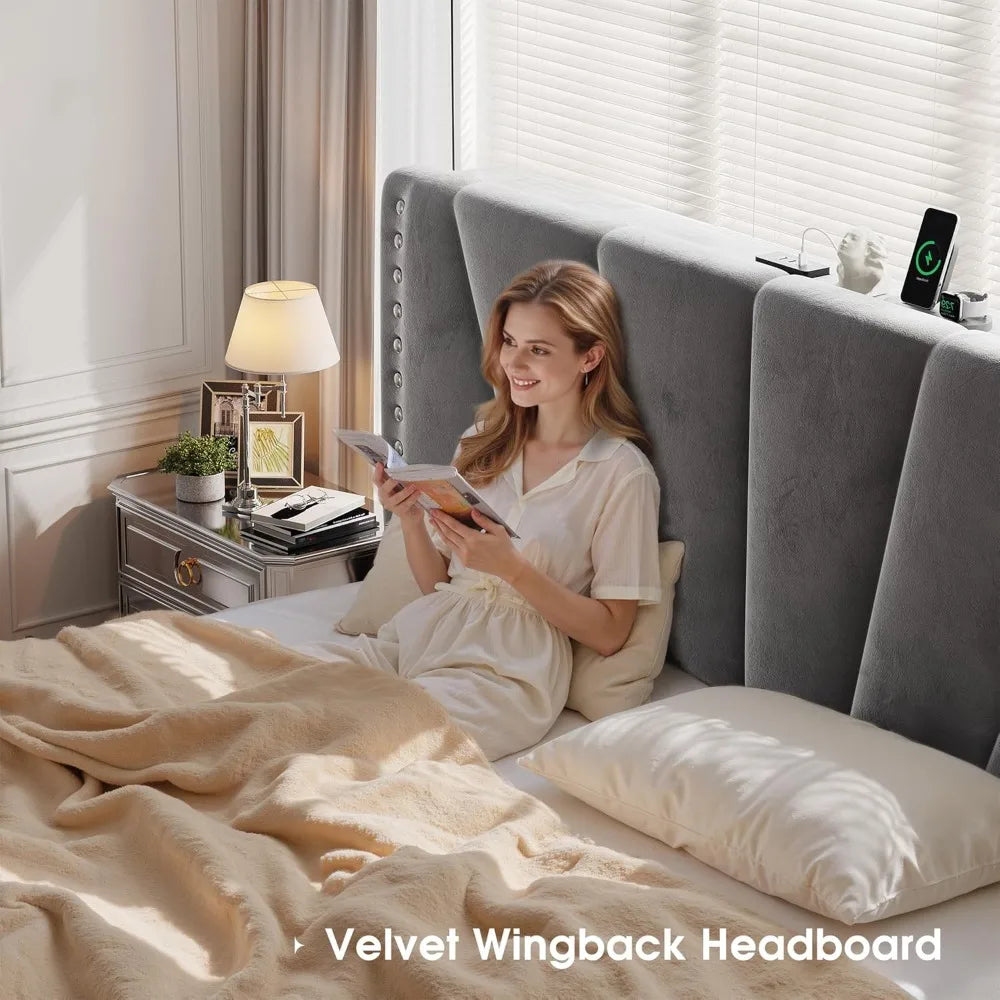 Bed Frame With Velvet Headboard And RGB LED Lights Storage Headboard With Charging Station