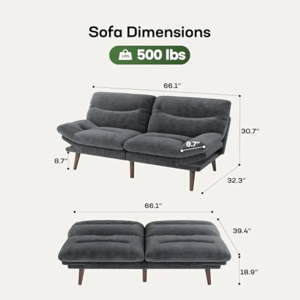 Futon Sofa Bed With Adjustable Backrest And Armrests