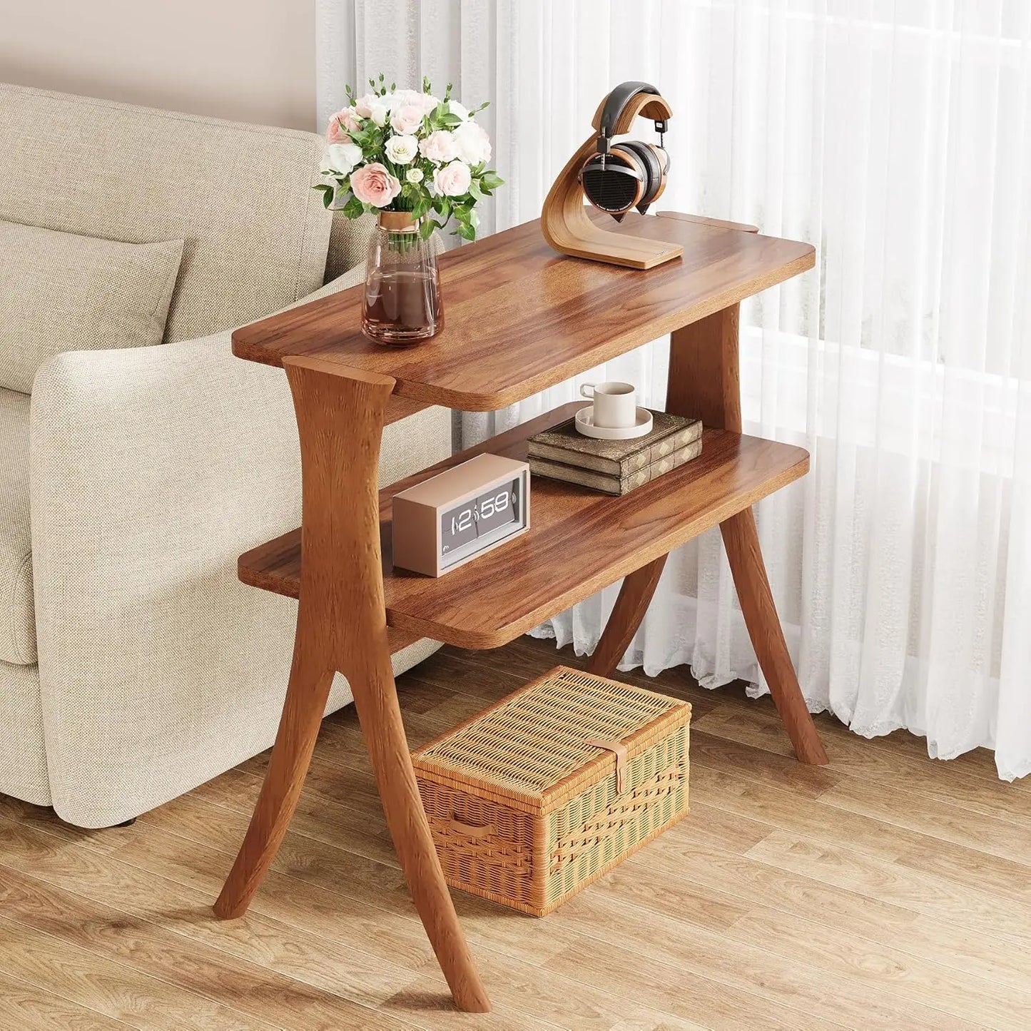 Farmhouse Side Table With 2-Tier Storage Shelf