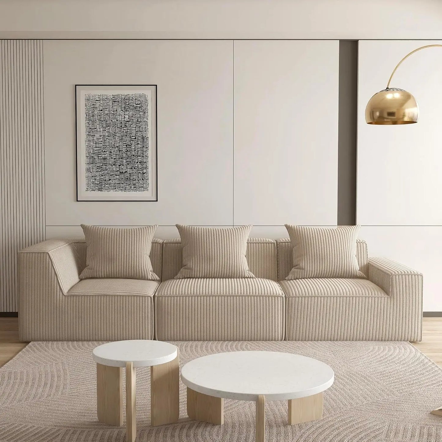 110 Inch Corduroy Compressed Modular Sectional Sofa, 3-Seat Cloud Memory Foam Boneless Couch with Deep Seat, Modern Upholstered