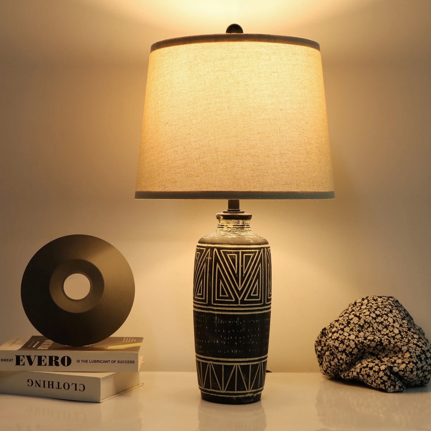 Two Pack Geometric Ceramic Table Lamps With Linen Shades