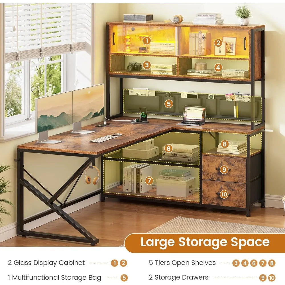 L Shaped Computer Desk With LED Light And Bookshelf