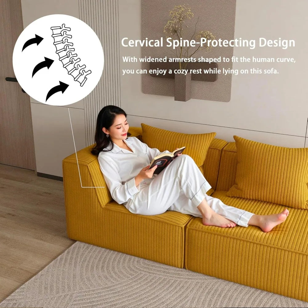 110 Inch Corduroy Compressed Modular Sectional Sofa, 3-Seat Cloud Memory Foam Boneless Couch with Deep Seat, Modern Upholstered