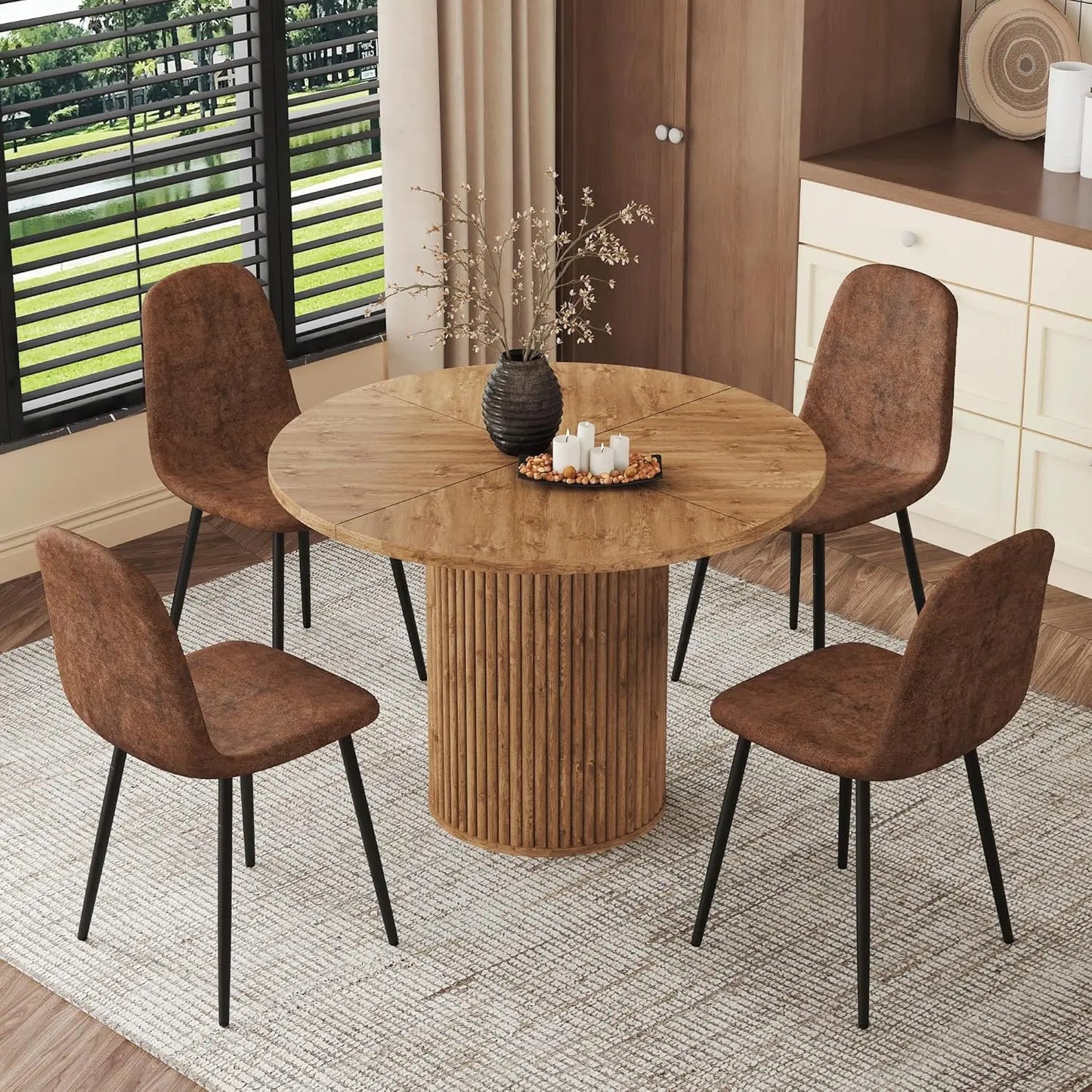 Round Dining Table Set With Suede Leather Chairs Modern Farmhouse