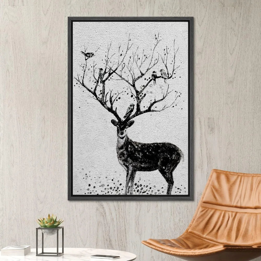 Framed Deer Canvas Wall Art With Birds On Antlers Wildlife