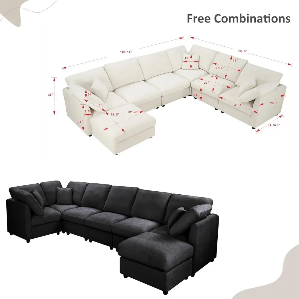 Chenille Modular Sectional Sofa With Movable Ottoman