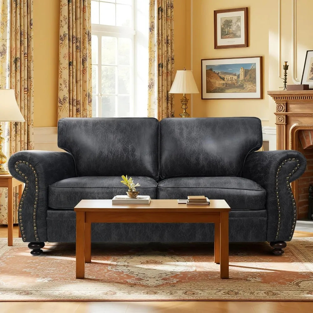 Mid Century Loveseat With Rivet Accents Removable Cover Solid Wood