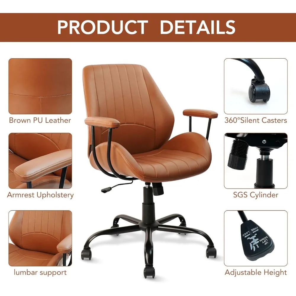 Mid Century Modern Ergonomic Leather Office Chair With Lumbar Support