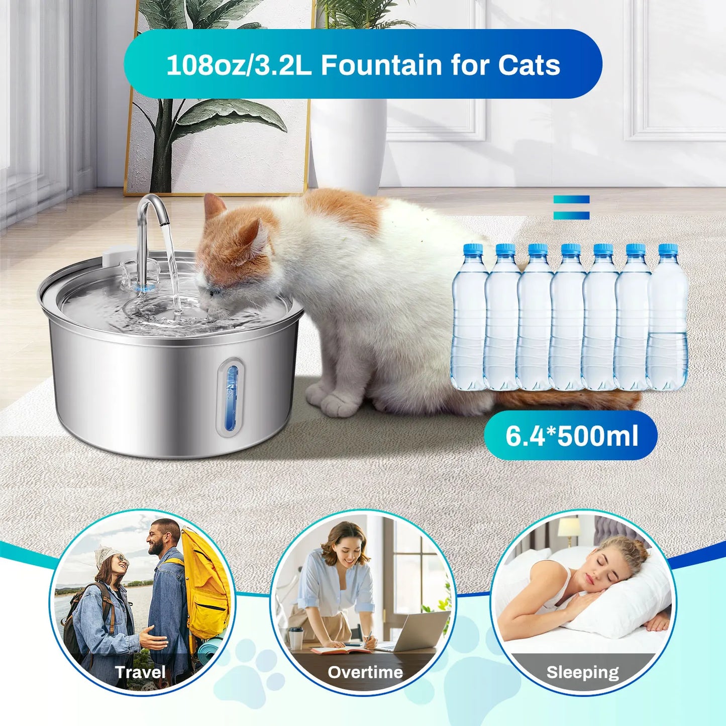 Cat Water Fountain Stainless Steel With Quiet Pump