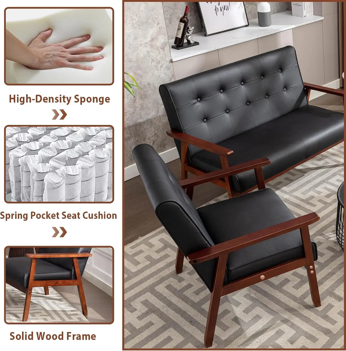 Century 1 8428 Modern Wood Arm Sofa Set With Loveseat