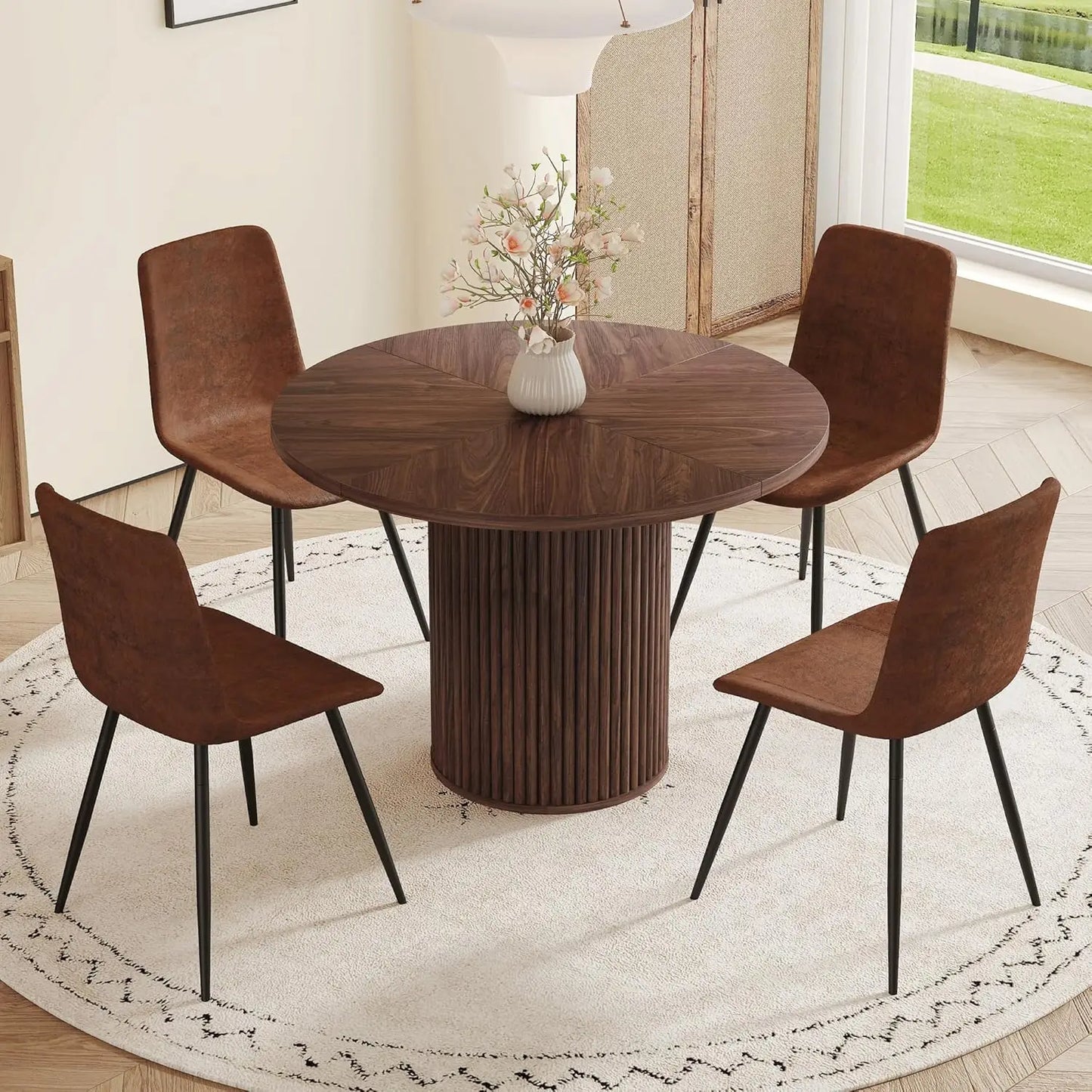 Round Dining Table Set With Suede Leather Chairs Modern Farmhouse