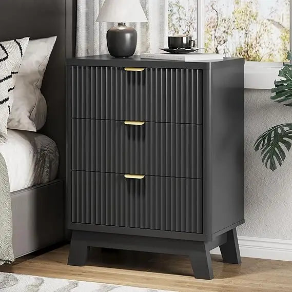 Fluted Nightstand With 3 Drawers Wood Bedside Table