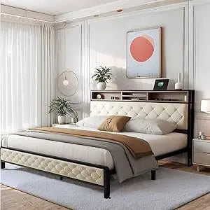 DWVO Upholstered Bed Frame With USB Charging Station Storage Headboard And Metal Slats
