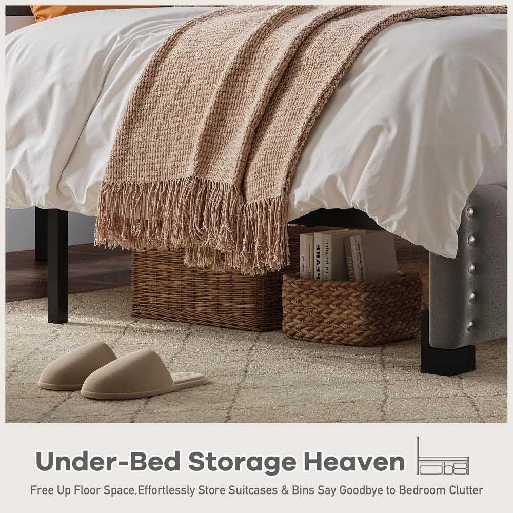 Bed Frame With Velvet Headboard And RGB LED Lights Storage Headboard With Charging Station