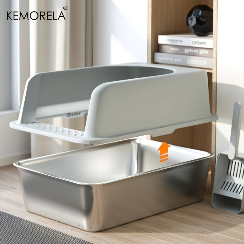 Stainless Steel Litter Box With High Side Lid And Spade