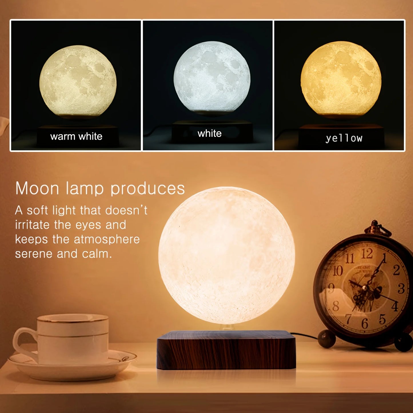 Magnetic Floating Moon Lamp With Wooden Base 3LED Lighting