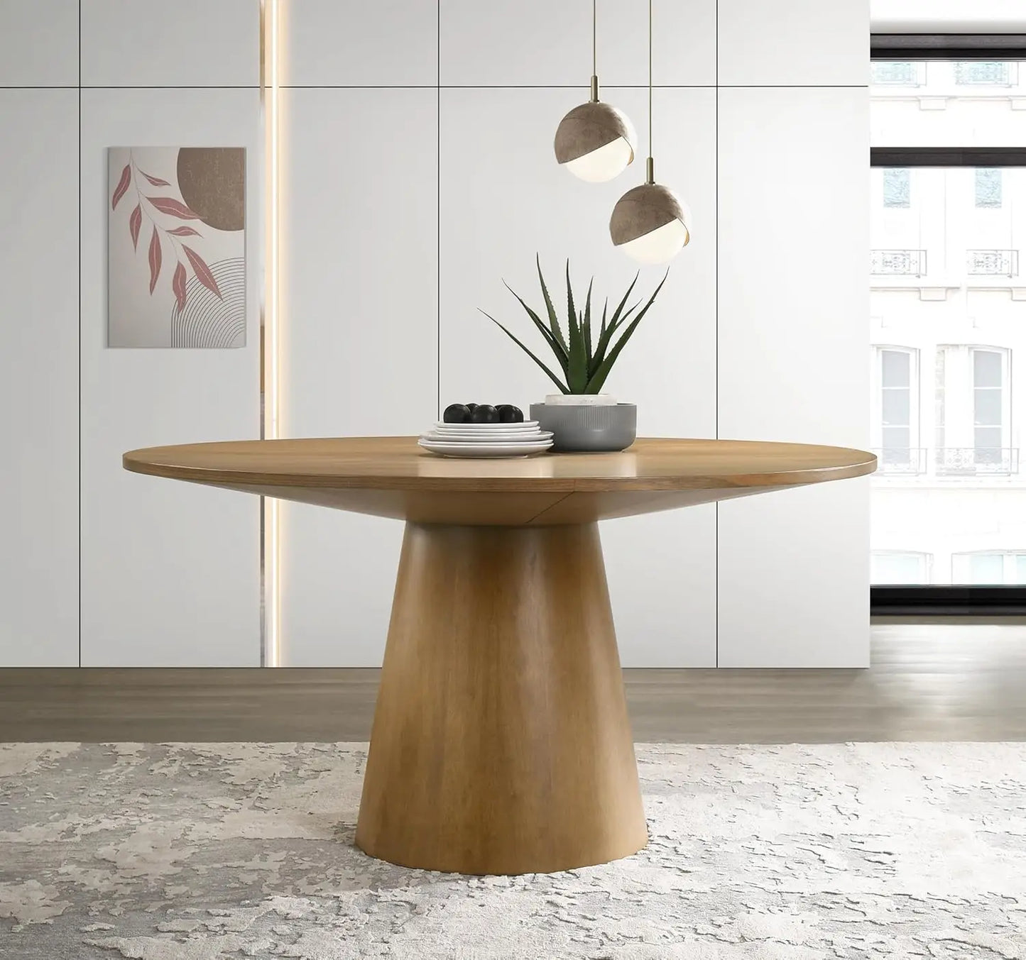 Mid Century Modern Farmhouse Round Dining Table With Wooden Pedestal Base Stain Resistant Surface