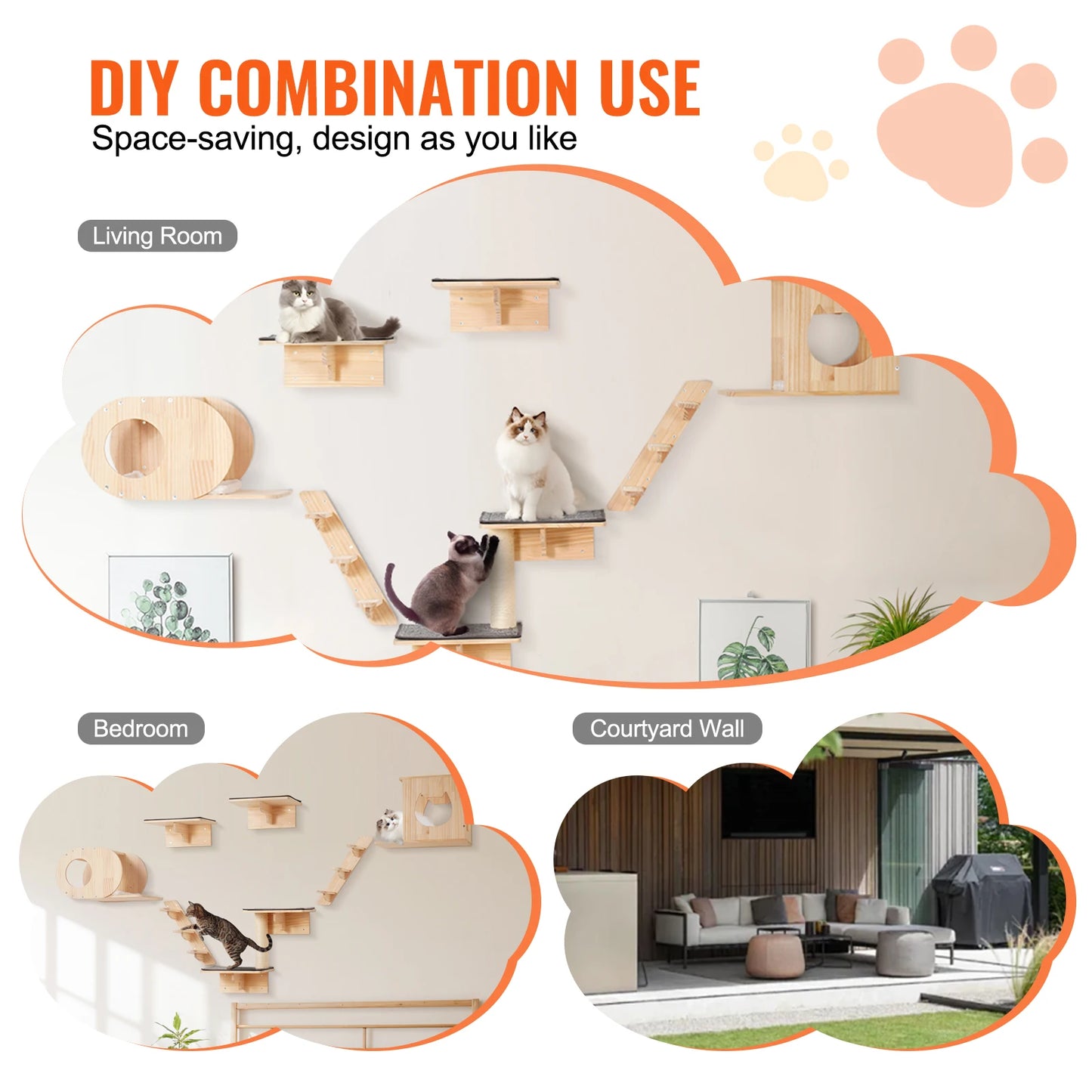 SucceBuy Wall Mounted Cat Shelves and Perches with Jumping Boards and Hammocks Cat Tree