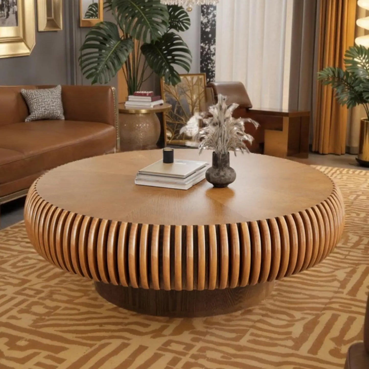 Fluted Drum Coffee Table With Sturdy Pedestal For Living Room