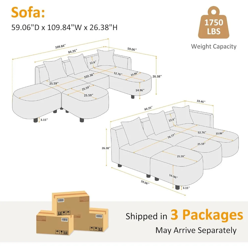 Modular Convertible Sectional Sofa With Ottoman Boucle Cloud Couch