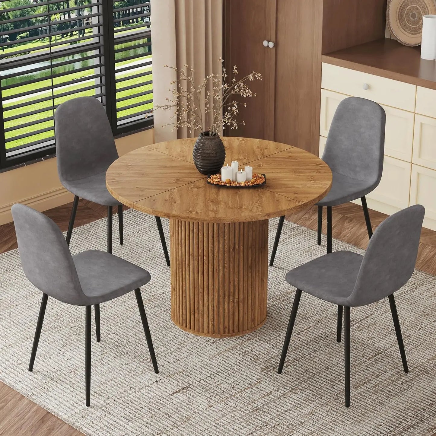 Round Dining Table Set With Suede Leather Chairs Modern Farmhouse