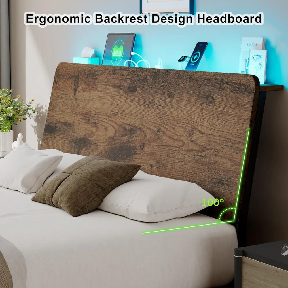 Bed Frame With Storage Headboard LED Lighting And Charging Station