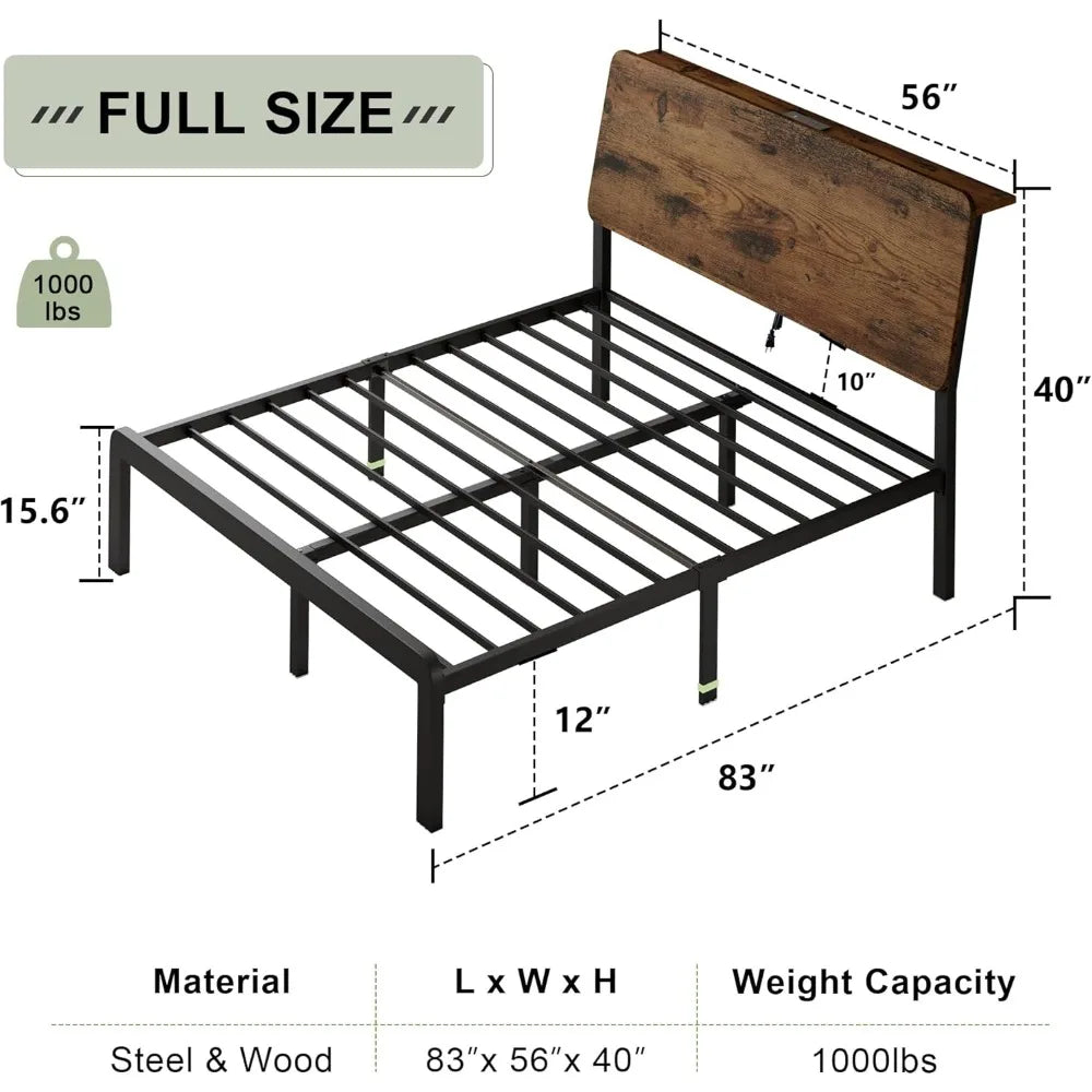 Bed Frame With Storage Headboard LED Lighting And Charging Station
