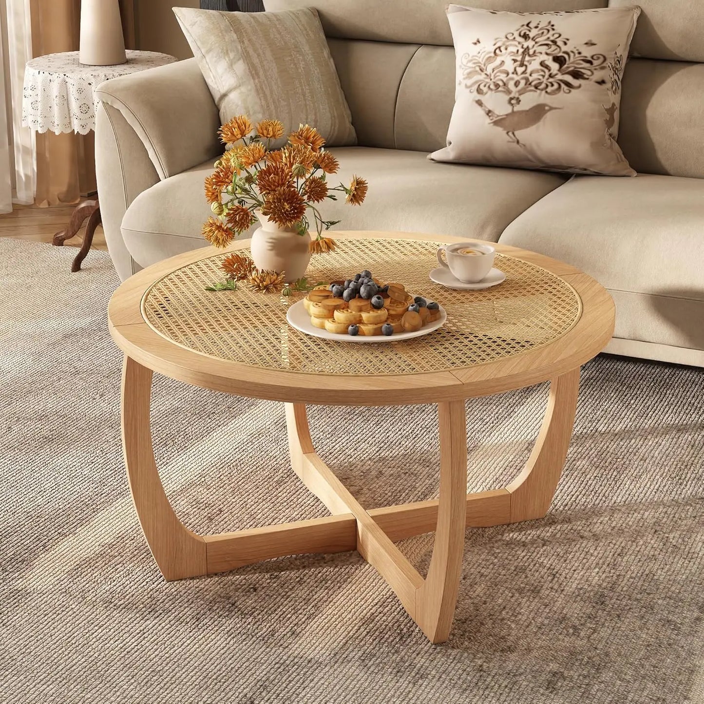 Round Wood Coffee Table With Handmade Rattan Top And Legs