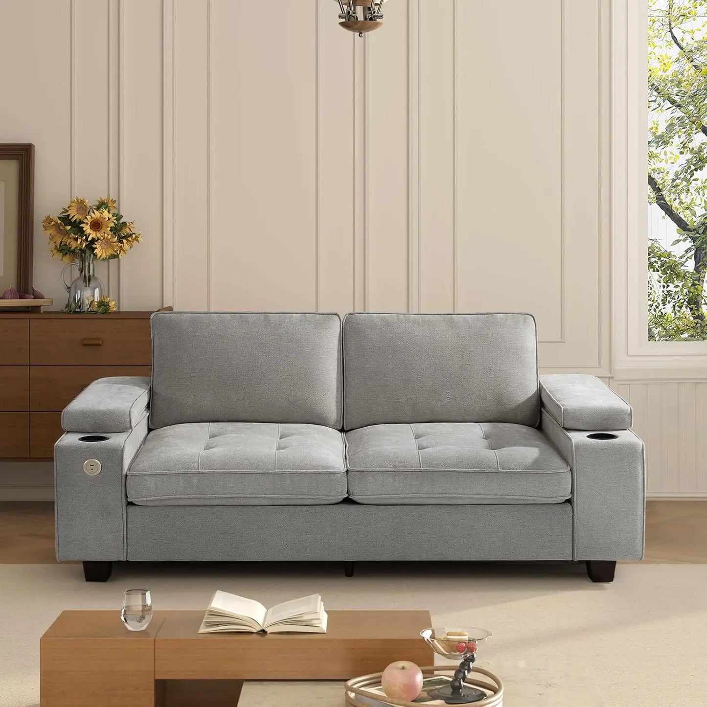 Modern Chenille Upholstered Loveseat With Adjustable Arms