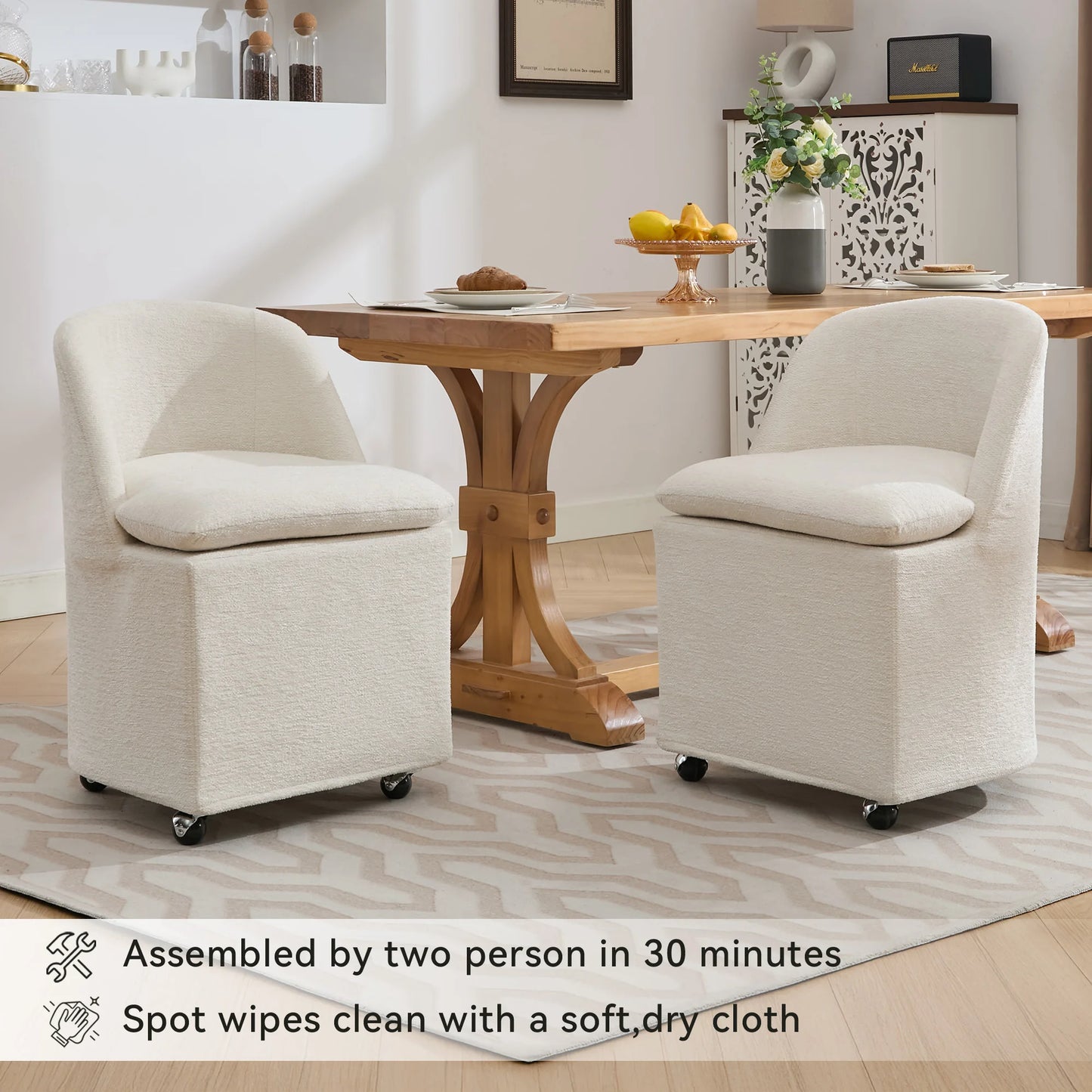 Wavesloop Chenille Dining Chairs Set With Universal Wheels