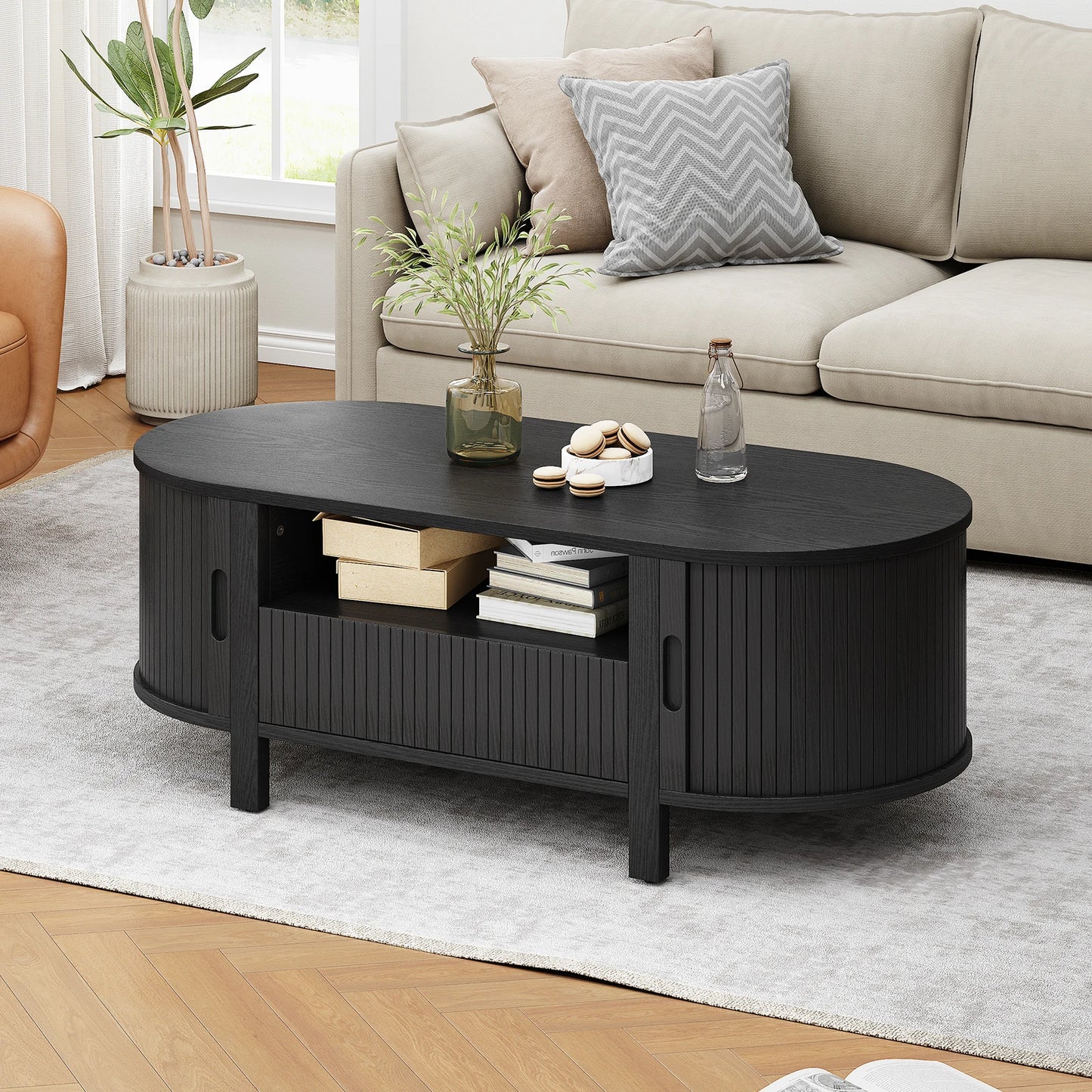 Oval Coffee Table With Storage And Sliding Doors Living Room
