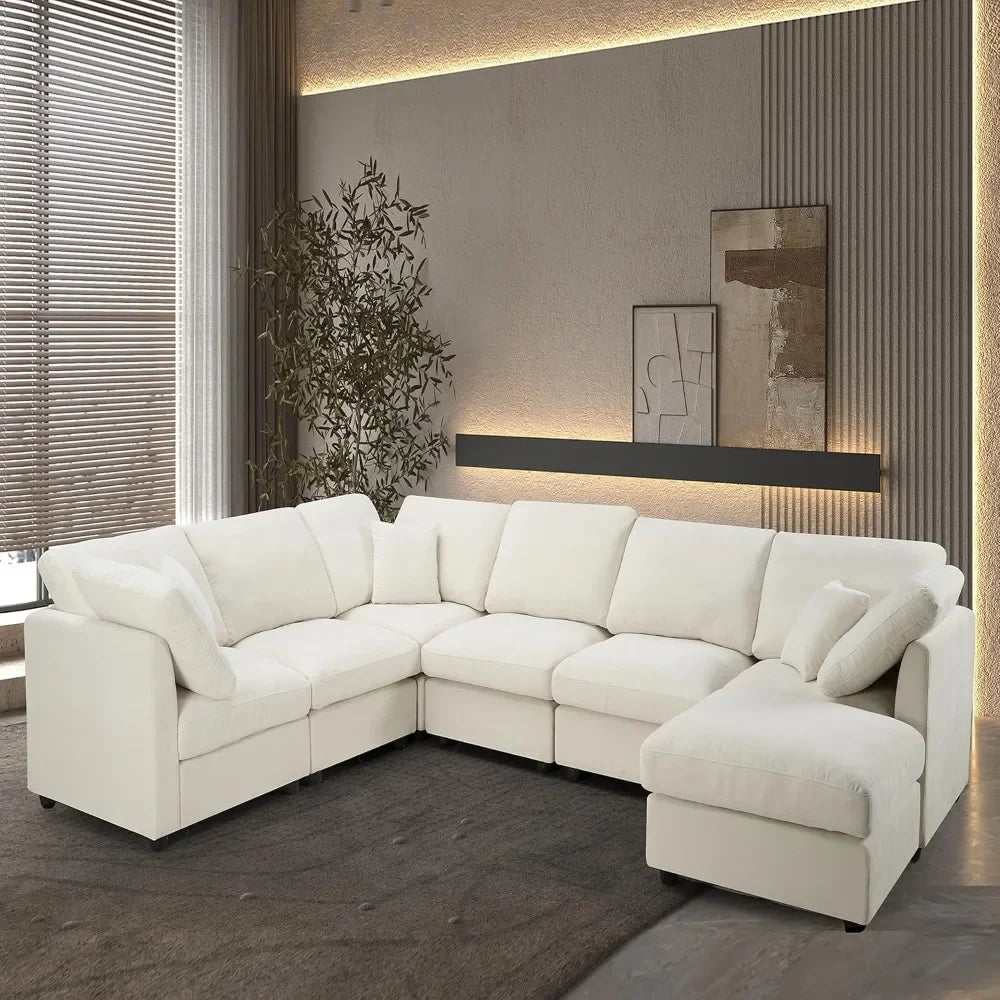 Chenille Modular Sectional Sofa With Movable Ottoman