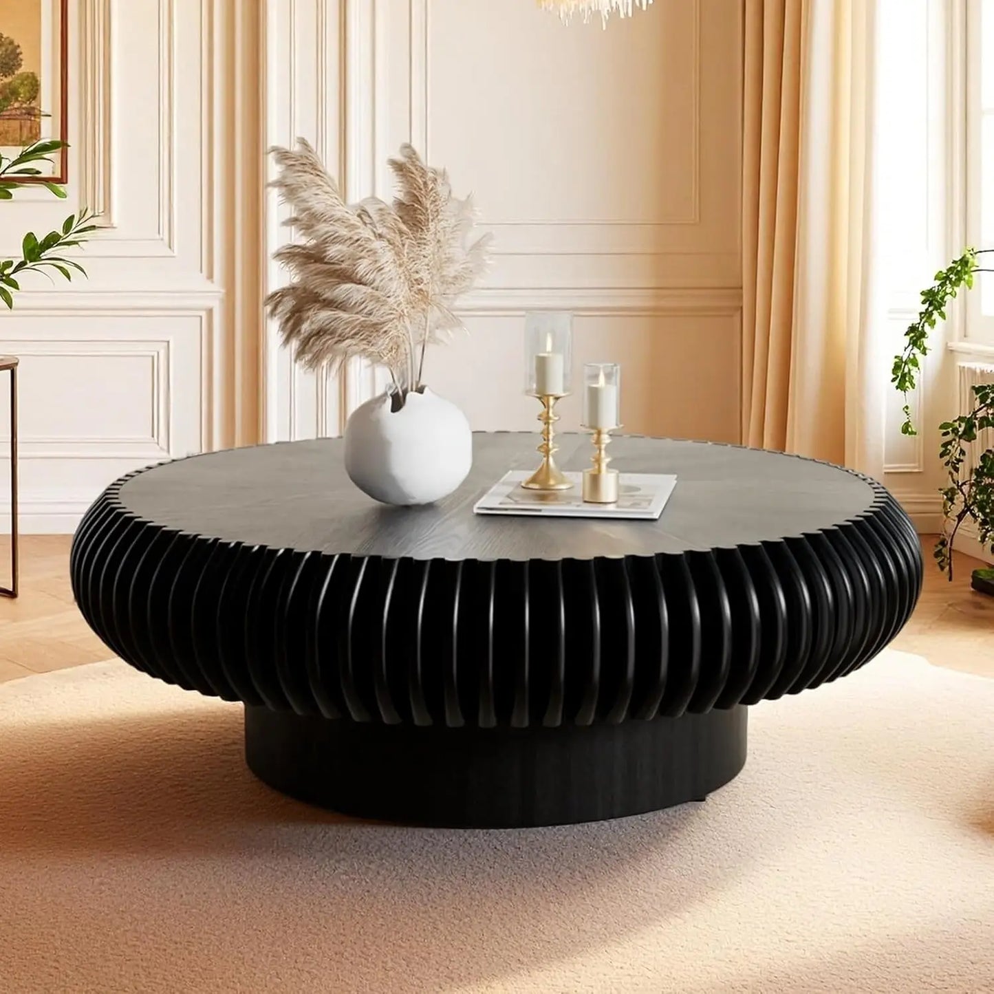 Fluted Drum Coffee Table With Sturdy Pedestal For Living Room