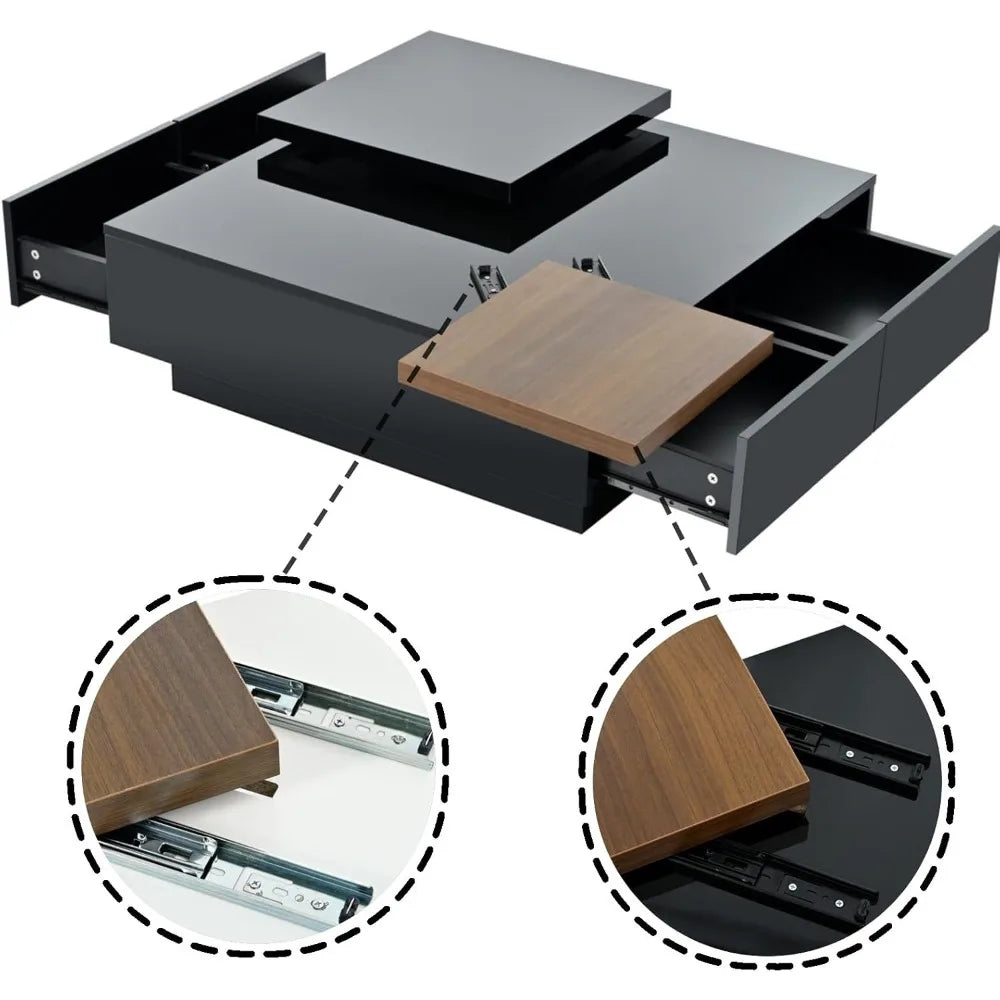 Movable Square Coffee Table With Hidden Drawers And Storage