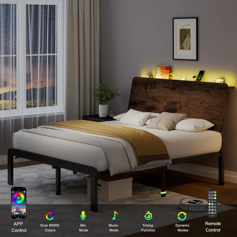Bed Frame With Storage Headboard LED Lighting And Charging Station