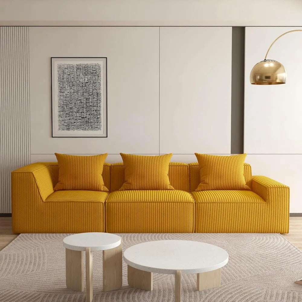 110 Inch Corduroy Compressed Modular Sectional Sofa, 3-Seat Cloud Memory Foam Boneless Couch with Deep Seat, Modern Upholstered