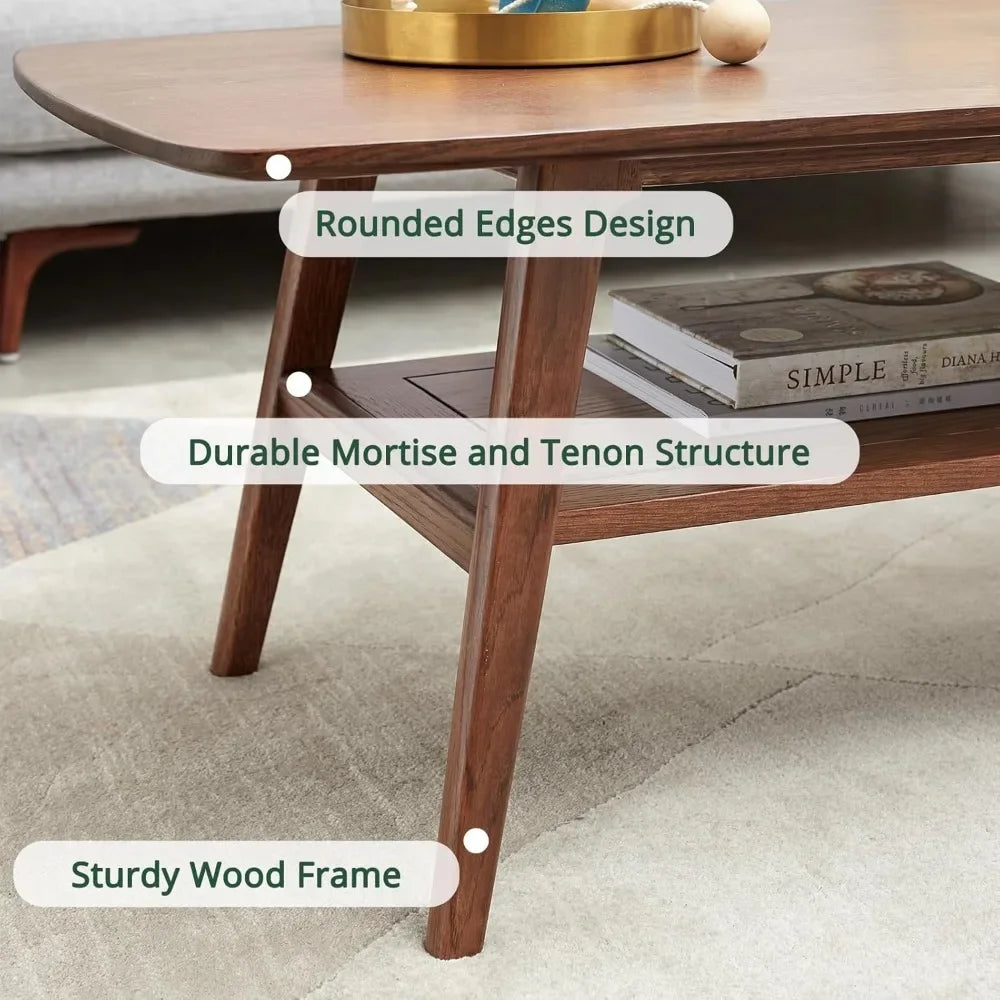 Two Tier Solid Oak Wood Coffee Table With Double Storage