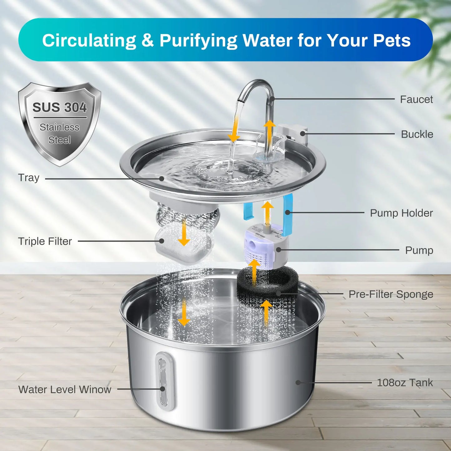 Cat Water Fountain Stainless Steel With Quiet Pump