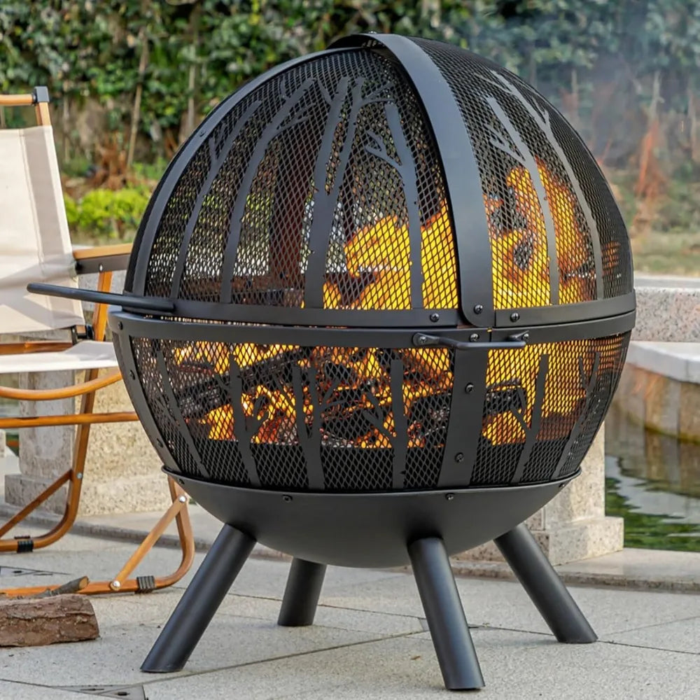 Durable Steel Wood Burning Fire Pit With Outdoor BBQ Grill