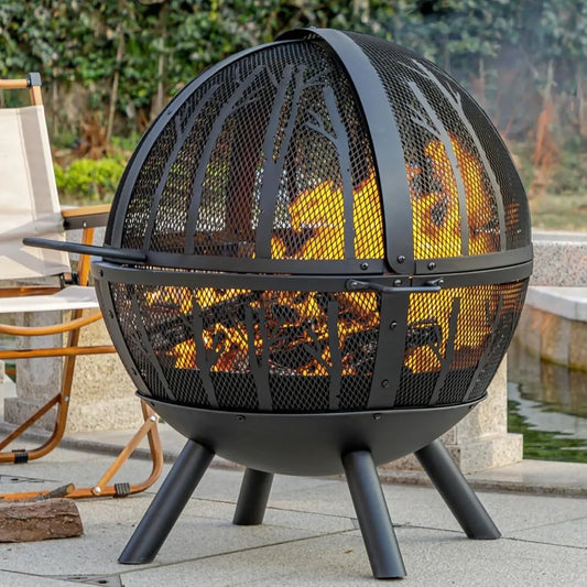 Durable Steel Wood Burning Fire Pit With Outdoor BBQ Grill