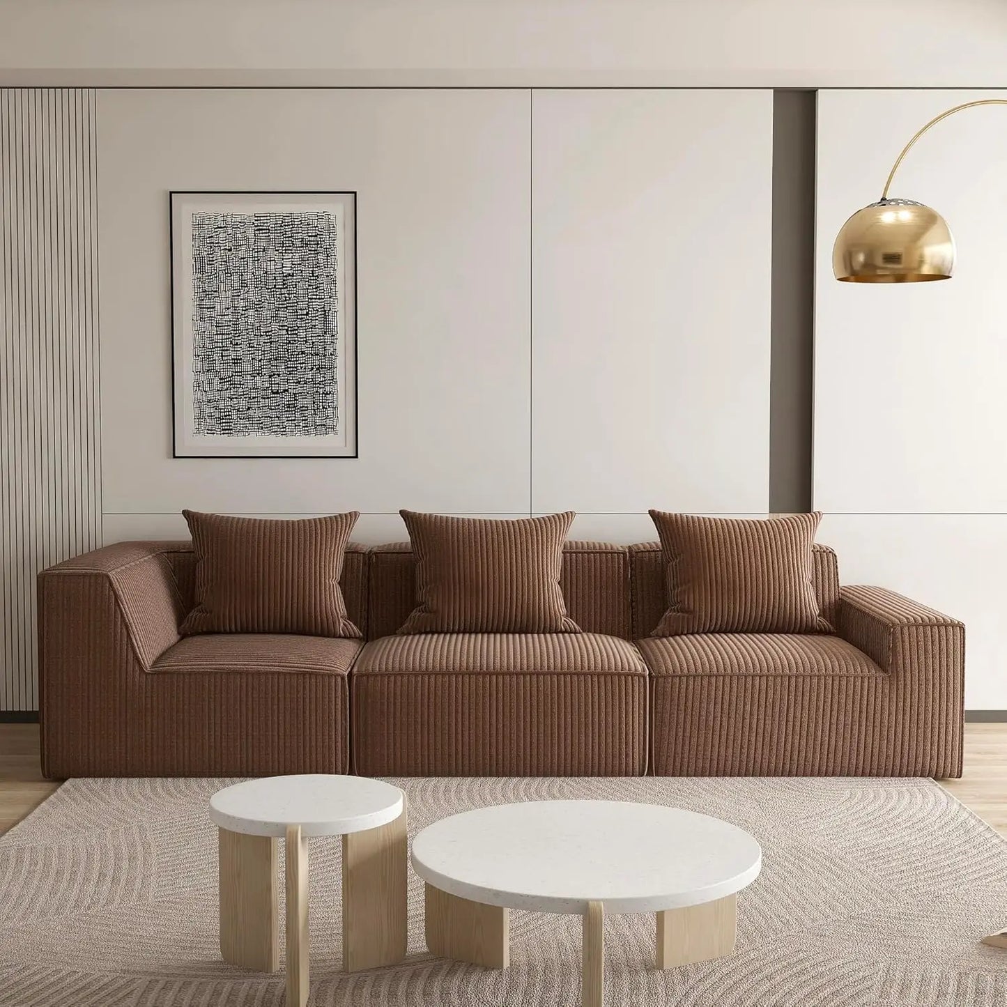 110 Inch Corduroy Compressed Modular Sectional Sofa, 3-Seat Cloud Memory Foam Boneless Couch with Deep Seat, Modern Upholstered