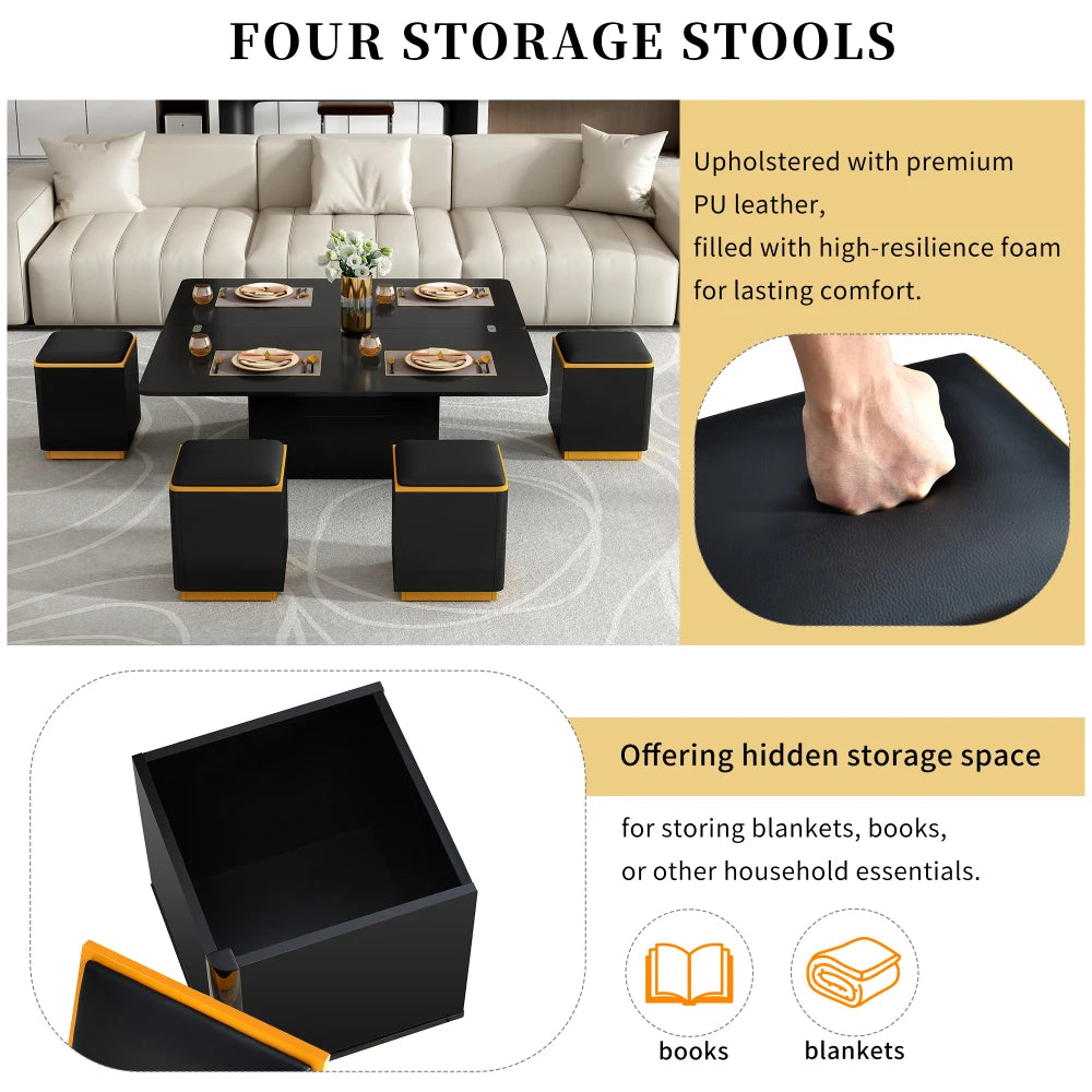 U-Can Lift Top Coffee Table With Four Storage Stools Foldable