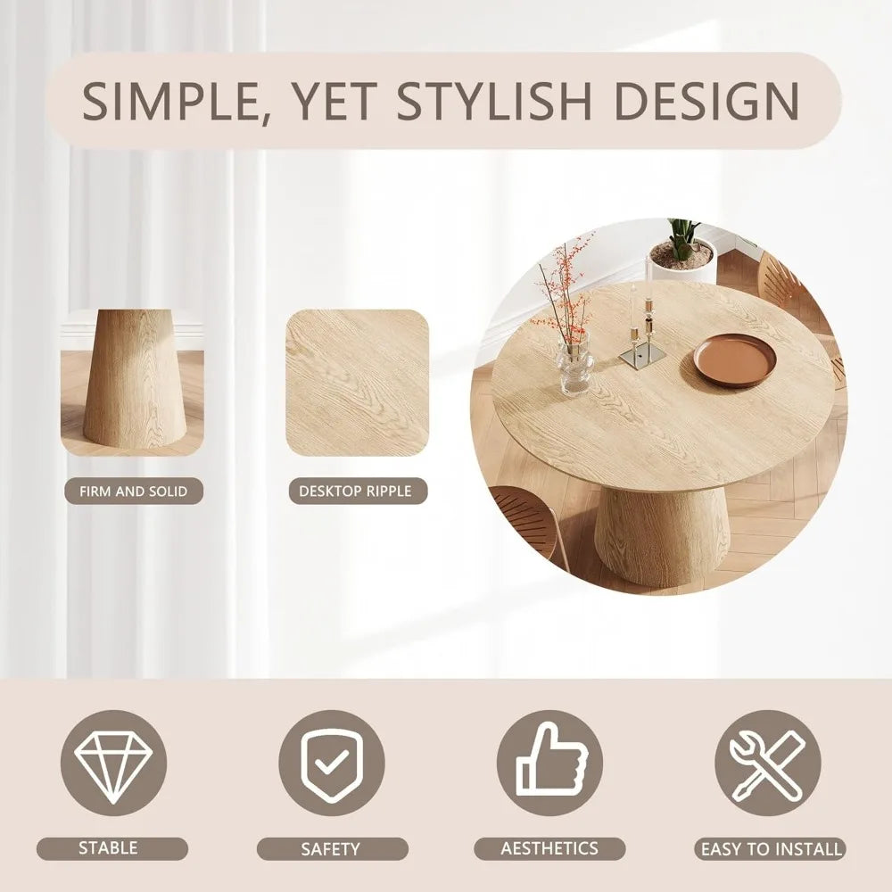 Mid Century Modern Farmhouse Round Dining Table With Wooden Pedestal Base Stain Resistant Surface