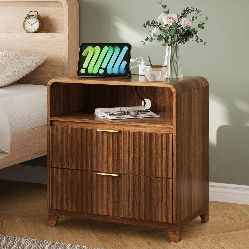 Nightstand With Charging Station And Open Storage Cabinet Modern Moroccan Design
